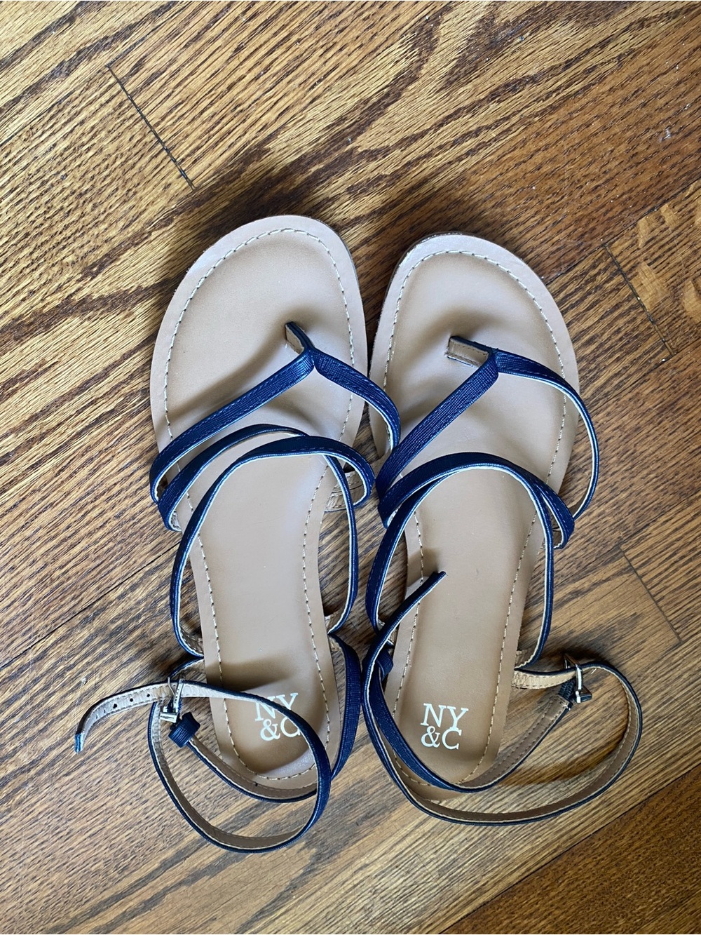 New York & Company Blue Strappy Ankle Wrap Sandals with Tan Footbed - Picture 3 of 6